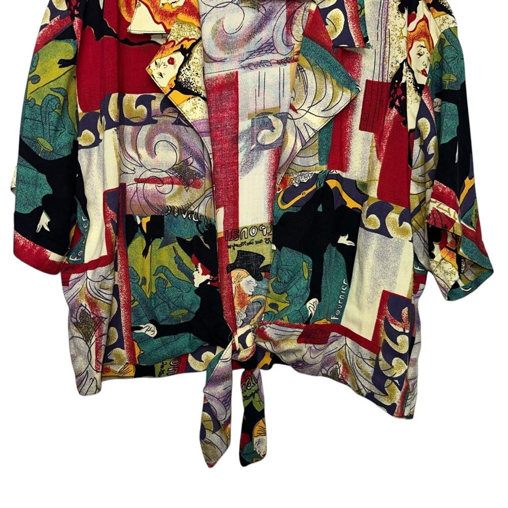 VINTAGE 90s Virgo II Multicolor Artwork Faces Collar Crop Tied Hem Top - Picture 6 of 9